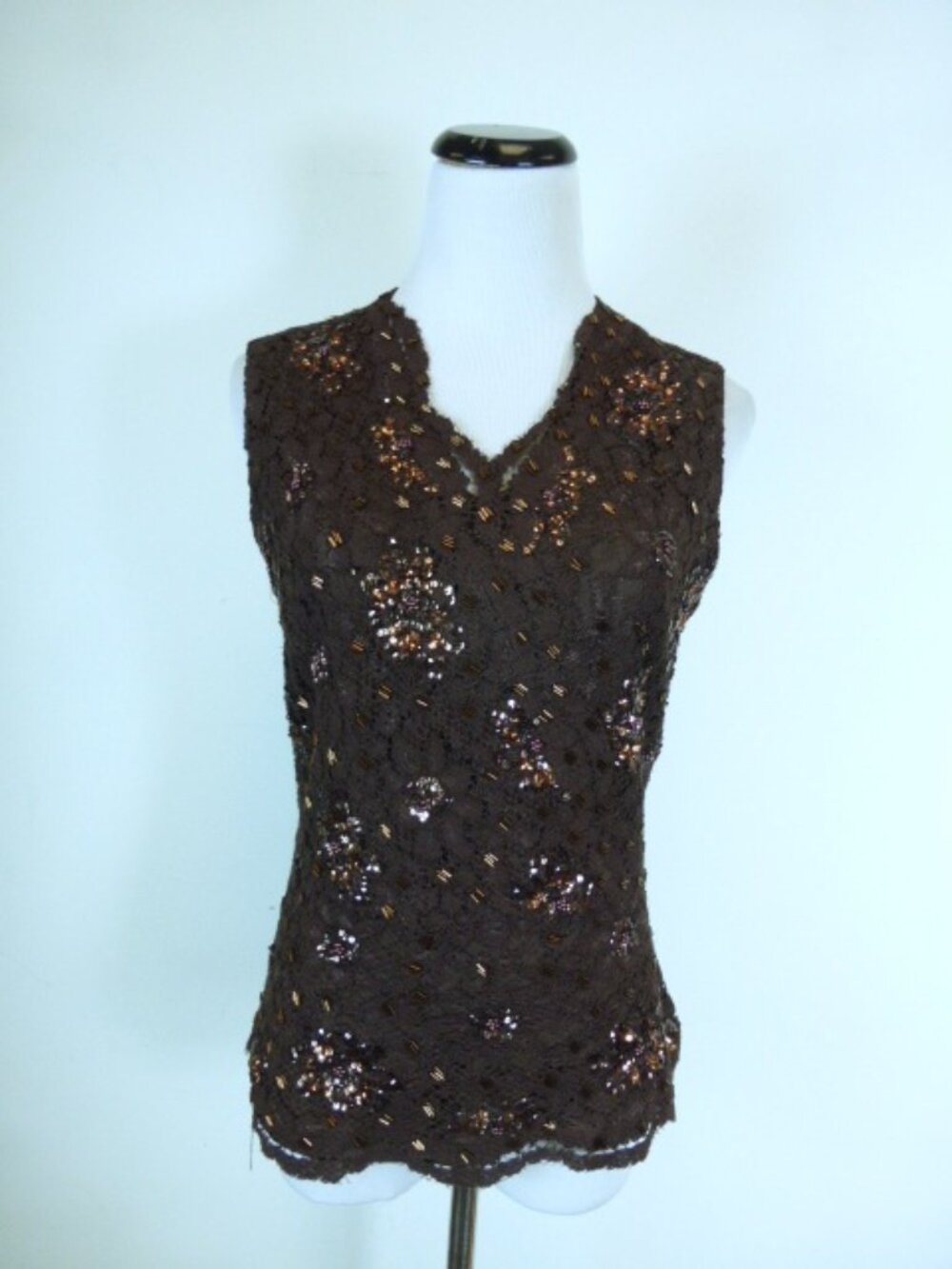 Magaschoni mag brown copper lace sequin top sleeveless evening party 4 NWT